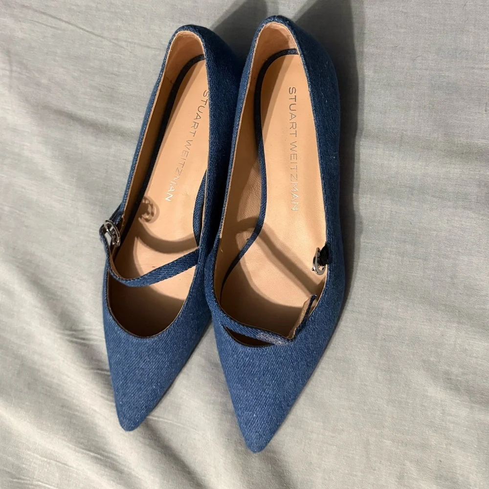 Stuart Weitzman Emilia Denim Blue Pointed-Toe Mary Jane Flats